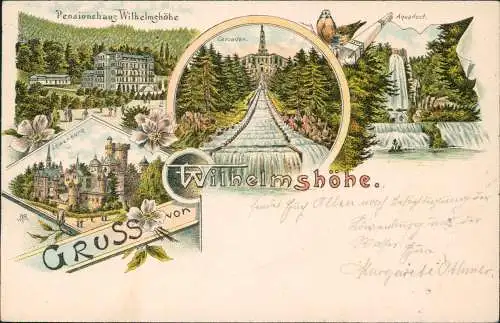 Litho AK Bad Wilhelmshöhe-Kassel Pensionshaus Löwenburg Cascaden 1896