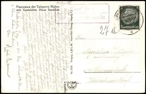 Dippoldiswalde Luftbild Talsperre Malter 1938  gel. Landpoststempel