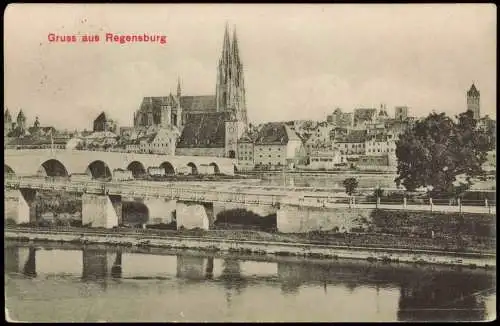 Ansichtskarte Regensburg Panorama-Stadt-Ansicht, Fluss Partie Brücke 1908