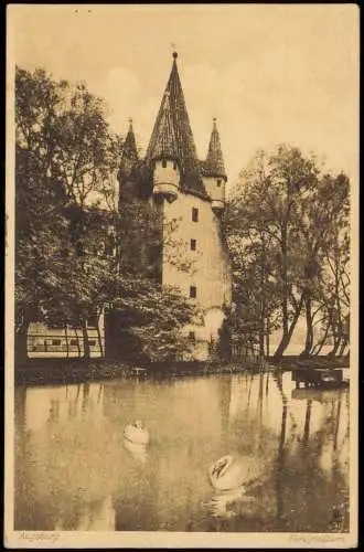 Ansichtskarte Augsburg Fünfgrad-Turm, Teich mit Schwänen 1919