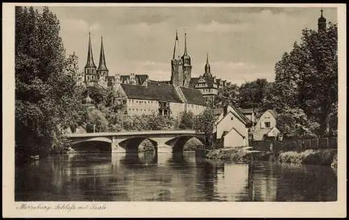 Ansichtskarte Merseburg Schloss, Saale Partie mit Brücke 1951