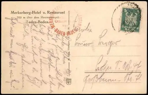 Ansichtskarte Baden-Baden Merkurberg-Hotel u. Restaurant 1930  Bahnpoststempel