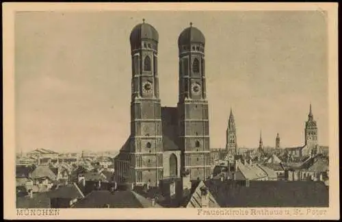 München Stadt-Panorama mit Frauenkirche Rathaus u. St. Peter 1920