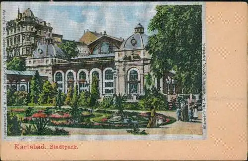 Postcard Karlsbad Karlovy Vary Stadtpark - Seidenkarte 1919 Silber-Effekt