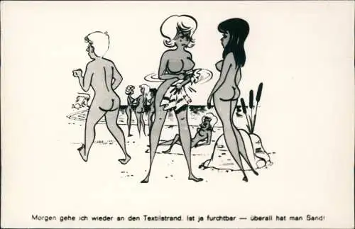 Scherzkarte FKK nackt nude Morgen gehe ich an den Textilstrand 1968