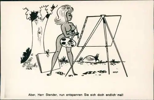 Scherzkarte FKK nackt nude Herr Stender, nun entspannen Sie sich doch mal! 1968