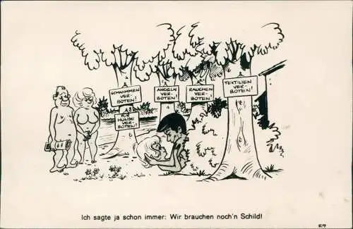 Scherzkarte FKK nackt nude Ich sagte ja  Wir brauchen noch'n Schild! 1968