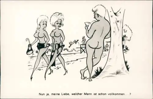 Scherzkarte FKK nackt nude Nun ja meine Liebewelcher Mann ist vollkommen? 1968