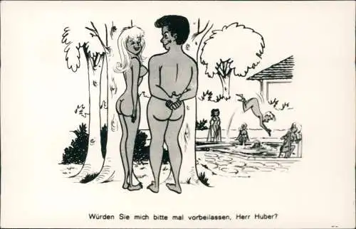 Scherzkarte FKK nackt nude Würden Sie mich  vorbeilassen, Herr Huber? 1968