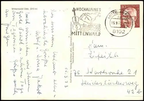 Mittenwald Ortsansicht, bemaltes Haus, Autos u.a. alter Ford 1973