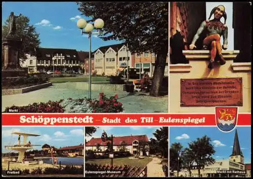 Schöppenstedt Mehrbild-AK mit Markt, Freibad, Eulenspiegel-Museum uvm. 1980