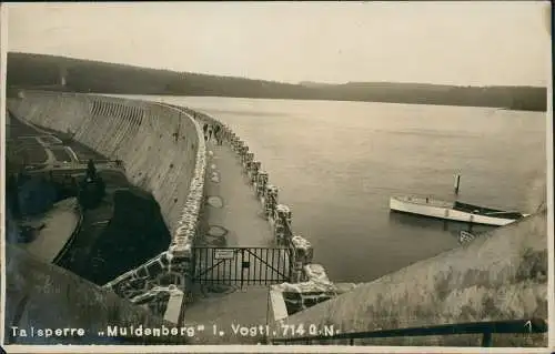 Ansichtskarte Schöneck (Vogtland) Talsperre Muldenberg Boot Staumauer 1928