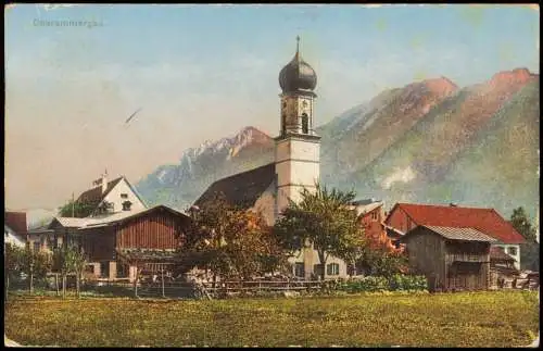 Ansichtskarte Oberammergau Ortsansicht, Partie mit der Kirche 1910