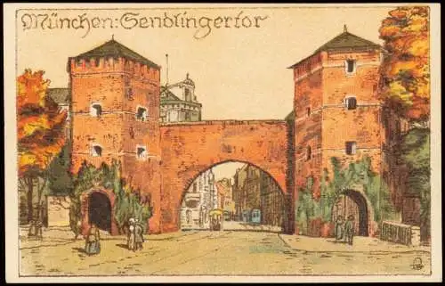 Ansichtskarte München Sendlingertor Künstlerkarte Steindruck Plein Air 1918