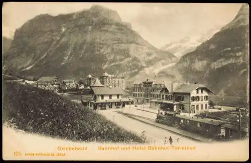 Ansichtskarte Grindelwald Bahnhof und Hotel Bahnhof-Terminus 1912  Helvetia