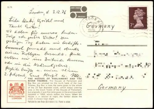 Postcard London The Houses of Parliament and Westminster Bridge 1976