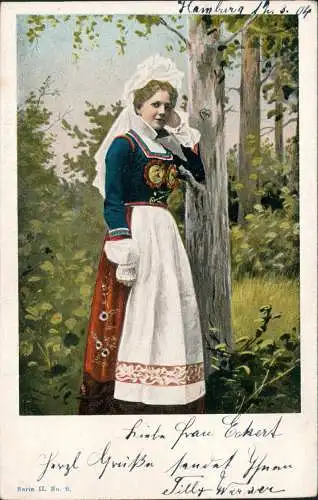 Ansichtskarte  Frau in Kleid Trachten/Typen 1904  gel. Stempel Hamburg