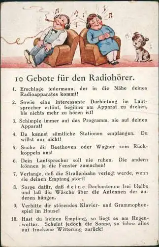 Ansichtskarte  Scherzkarte 10 Gebote für den Radiohörer. 1924