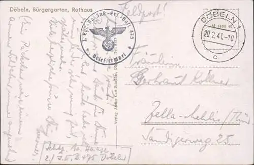 Ansichtskarte Döbeln 3 Bild Bürgergarten, Rathaus 1941  gel. Feldpoststempel WK2