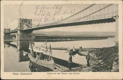 Hessisch Oldendorf Partie an der Weser und Brücke Boot Schiff 1917