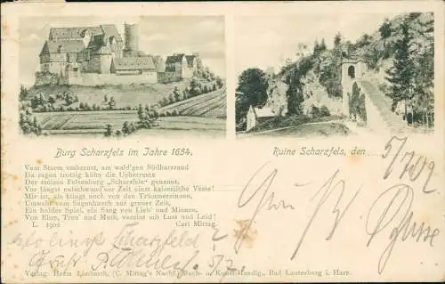 Ansichtskarte Scharzfeld-Herzberg (Harz) 2 Bild Burg und Ruine 1902