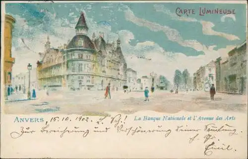 Antwerpen Anvers La Banque Nationale et l'Avenue des Arts CARTE LUMINEUSE 1902