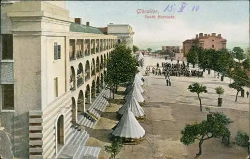 Postcard Gibraltar South Barracks. 1910  gel. Stempel Briefmarke