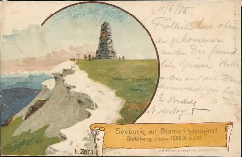 Feldberg Schwarzwald Seebuck mit Bismarckdenkmal Künstlerkarte L. Zorn 1905