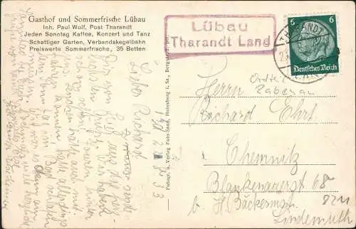 Ansichtskarte Lübau-Rabenau 2 Bild Gasthof u. Stadt 1938  gel. Landpoststempel