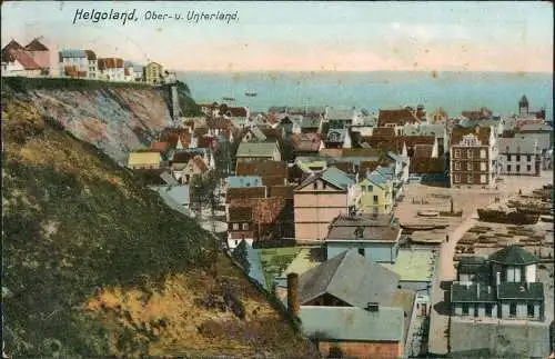 Ansichtskarte Helgoland Ober-u. Unterland. 1907  gel. Seepost Stempel Hamburg