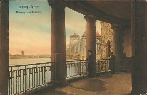 Ansichtskarte Ruhrort Duisburg Säulengang  Rheinbrücke 1907 gel Bahnpoststempel