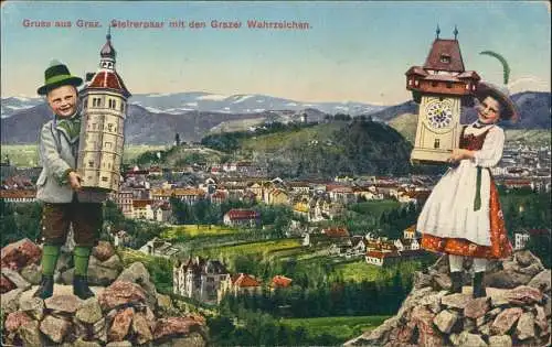 Ansichtskarte Graz Steirerpaar mit den Grazer Wahrzeichen. 1917