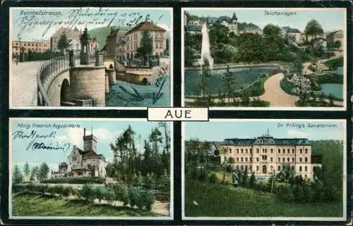 Ansichtskarte Aue (Erzgebirge) Bahnhofstrasse Sanatorium Teichanlagen 1910