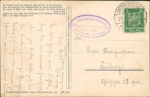 Ansichtskarte Oberwiesenthal Liedkarte mit Neuem Fichtelberghaus 1920