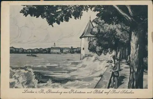 Lindau (Bodensee) Brandung am Pulverturm mit Blick auf Bad Schachen 1924