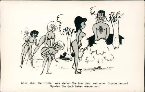 Scherzkarte FKK nackt nude Frauen Mann versteckt sich hinter Busch 1965