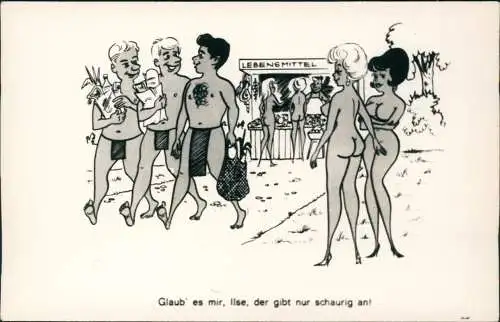 Scherzkarte FKK nackt nude Glaub es mir, Ilse, der gibt nur schaurig an! 1965