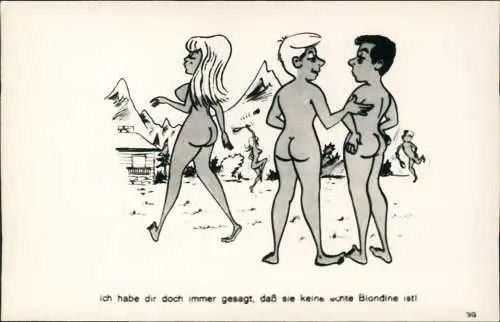 Scherzkarte FKK nackt nude daß ist keine echte Blondine 1965