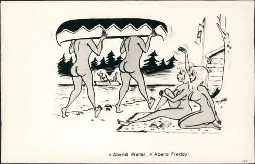 Scherzkarte FKK nackt nude n'Abend Walter, n'Abend Freddy! 1965