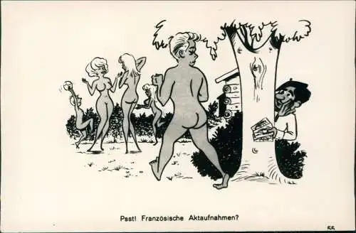 Scherzkarte FKK nackt nude Psst! Französische Aktaufnahmen? 1965