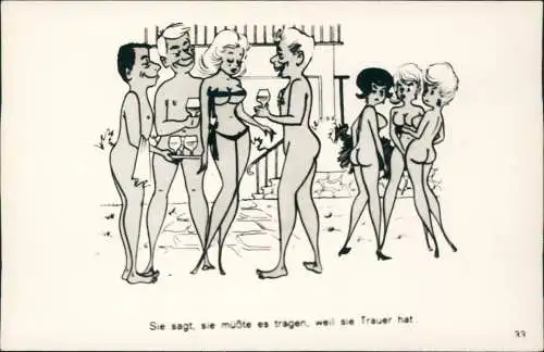 Scherzkarte FKK nackt nude Sie sagt sie müßte es tragen weil sie Trauer.. 1965