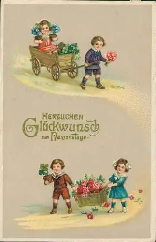 Glückwunsch Geburtstag Birthday Kinder mit Geschenken 1915 Goldrand