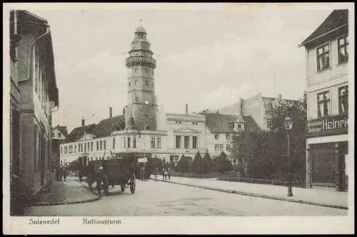 Salzwedel Rathausturm, Straßen-Ansicht, Geschäft, Fuhrwerk 1920