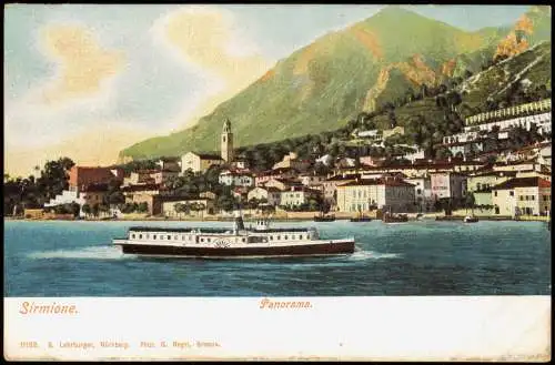 Cartoline Sirmione Panorama Gardasee mit kleinem See-Dampfer Schiff 1900