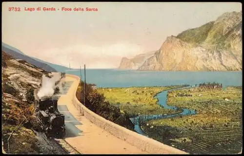 Riva del Garda Lago  Foce della Sarca, Eisenbahn Dampflok am Gardasee 1910