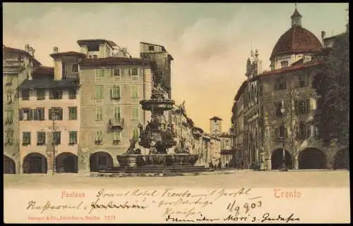 Cartoline Trient Trento Platz mit Brunnen-Anlage, Fontana 1900