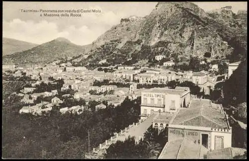 Taormina Panorama con veduta di Castel Mola e Madonna della Rocca 1910