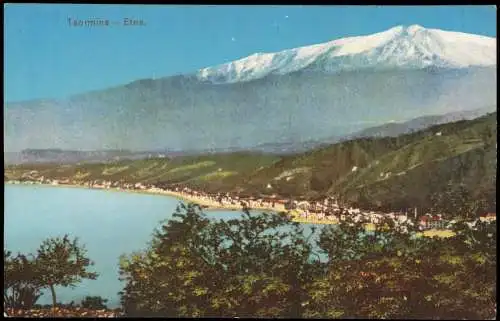 Cartoline Taormina Panorama-Ansicht Blick zum Vulkan Etna 1910