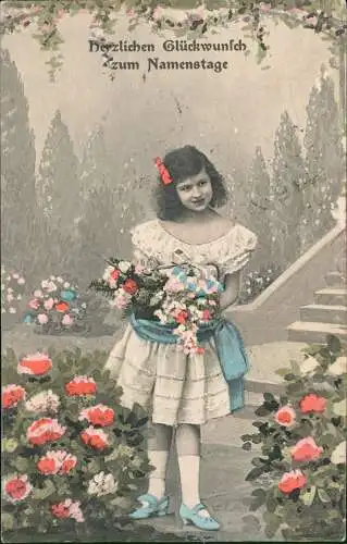 Glückwunsch Geburtstag Birthday Mädchen mit Blumenbouquet 1917