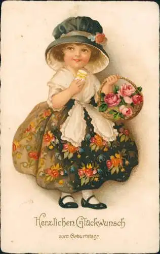 Glückwunsch Geburtstag Birthday Mädchen Blumenkleid und Rosenkorb 1915